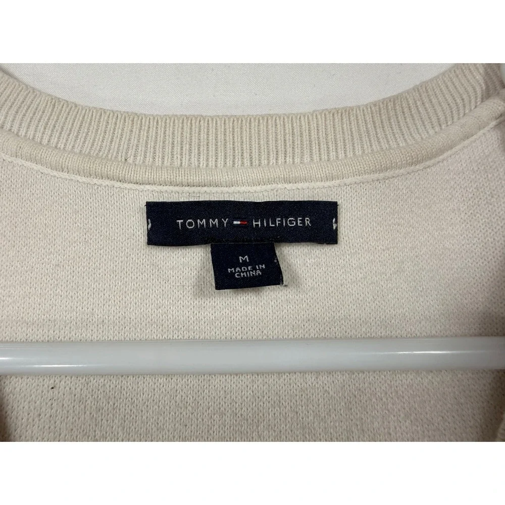 Tommy Hilfiger V-Neck Sweater Womens Medium Grey Cream Colorblock Cotton‎